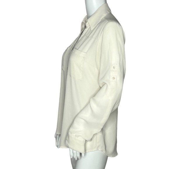 Express Portofino Shirt Womens Small Beige Chiffon‎ Long Sleeve Pockets Career - Picture 3 of 7
